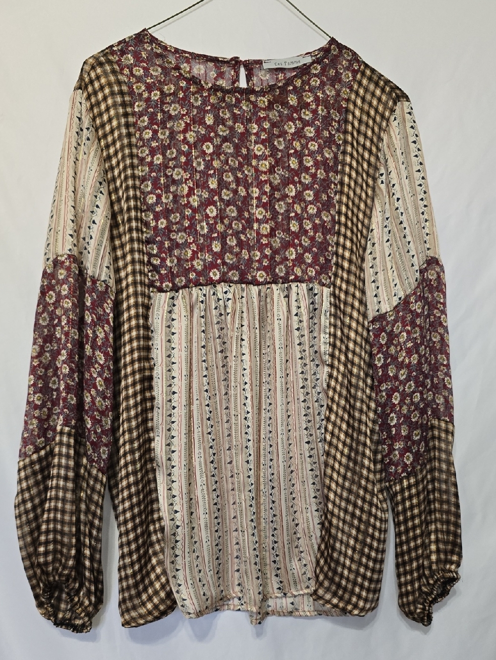 Ces Femme Boho Patchwork Floral Plaid Babydoll Tunic Top Shimmer Gold Thread